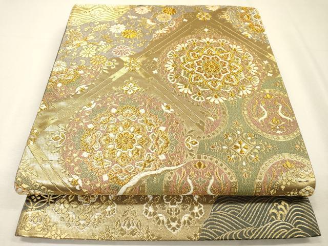平和屋着物▼六通柄袋帯　唐織　道長正倉院花文　金糸　正絹　逸品　DABH7549fe