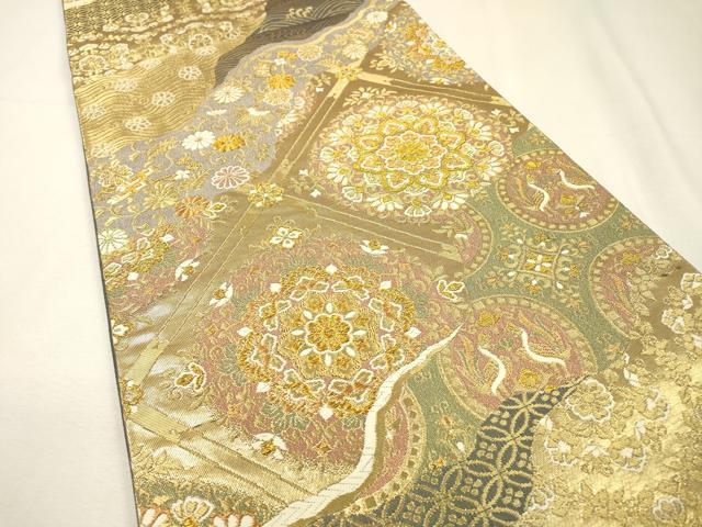 平和屋着物▼六通柄袋帯　唐織　道長正倉院花文　金糸　正絹　逸品　DABH7549fe