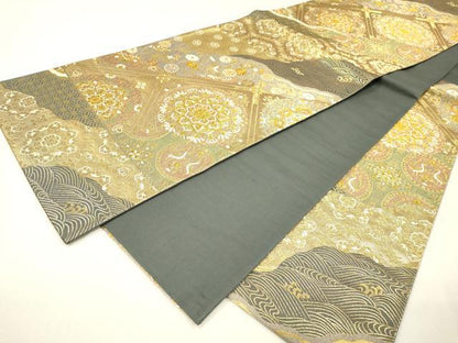 平和屋着物▼六通柄袋帯　唐織　道長正倉院花文　金糸　正絹　逸品　DABH7549fe