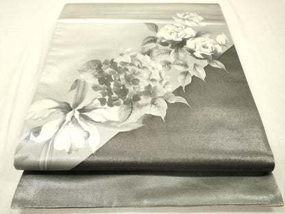 平和屋着物▼太鼓柄袋帯　手描き　草花　銀糸　正絹　逸品　DABH7556fe