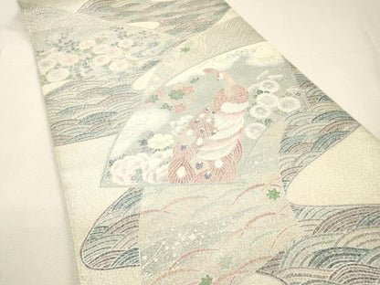平和屋着物▼綴れ　太鼓柄袋帯　地紙孔雀花文　銀糸　正絹　逸品　DABH7557fe