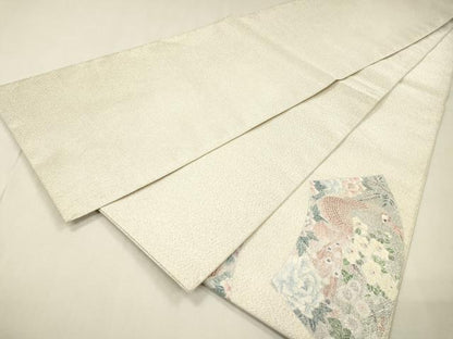 平和屋着物▼綴れ　太鼓柄袋帯　地紙孔雀花文　銀糸　正絹　逸品　DABH7557fe