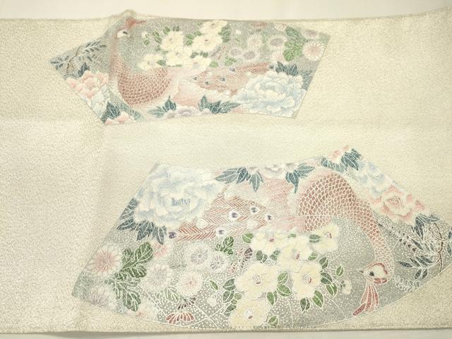 平和屋着物▼綴れ　太鼓柄袋帯　地紙孔雀花文　銀糸　正絹　逸品　DABH7557fe