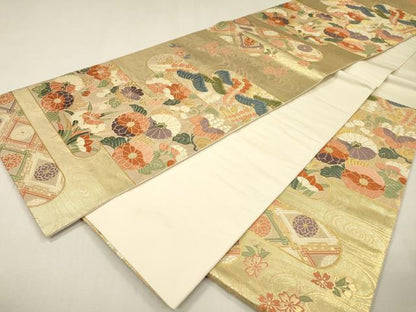 平和屋着物▼六通柄袋帯　唐織　霞花松文　金糸　鈴乃屋扱い　正絹　逸品　DABH7561fe