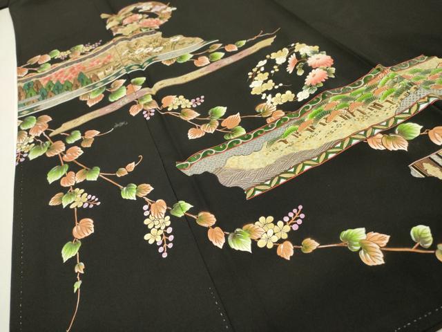 平和屋着物▼豪華黒留袖　鳳凰風景花丸文　金銀彩　正絹　逸品　DABH7568fe