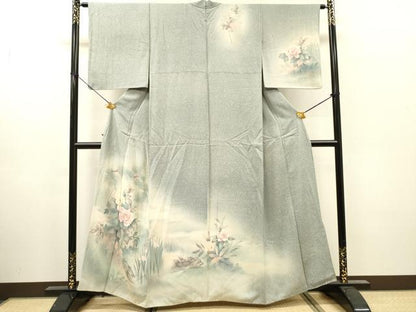 平和屋着物▼訪問着　刺繍　手描き　草花　暈し染　銀彩　正絹　逸品　DABH7569fe