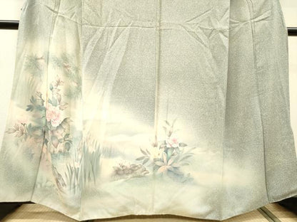 平和屋着物▼訪問着　刺繍　手描き　草花　暈し染　銀彩　正絹　逸品　DABH7569fe