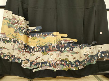 平和屋着物▼豪華黒留袖　作家物　刺繍　人物風景文　金銀彩　正絹　逸品　DABH7574fe