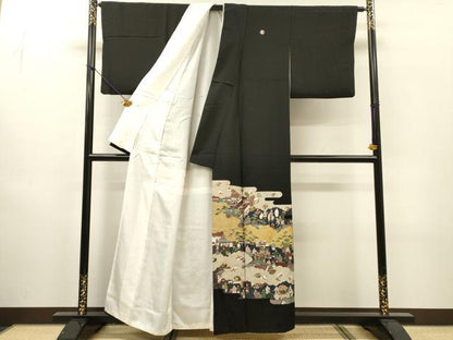 平和屋着物▼豪華黒留袖　作家物　刺繍　人物風景文　金銀彩　正絹　逸品　DABH7574fe
