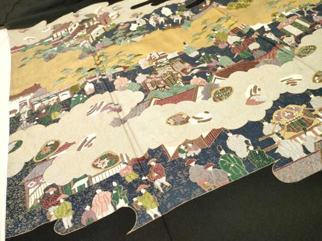 平和屋着物▼豪華黒留袖　作家物　刺繍　人物風景文　金銀彩　正絹　逸品　DABH7574fe