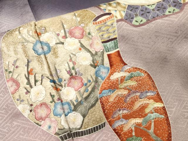平和屋着物▼中国三大刺繍　相良刺繍　総刺繍　訪問着　陶器花絵皿文　暈し染　正絹　逸品　DABH7583fe