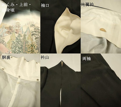 平和屋着物▼日展作家　寺島節朗　黒留袖　手描き　金閣寺　京風景　暈し染　金銀糸　正絹　逸品　DABH7589fe