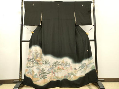 平和屋着物▼日展作家　寺島節朗　黒留袖　手描き　金閣寺　京風景　暈し染　金銀糸　正絹　逸品　DABH7589fe