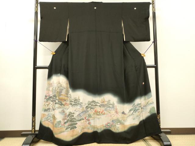 平和屋着物▼日展作家　寺島節朗　黒留袖　手描き　金閣寺　京風景　暈し染　金銀糸　正絹　逸品　DABH7589fe