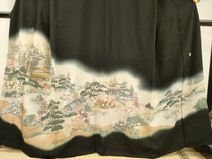 平和屋着物▼日展作家　寺島節朗　黒留袖　手描き　金閣寺　京風景　暈し染　金銀糸　正絹　逸品　DABH7589fe