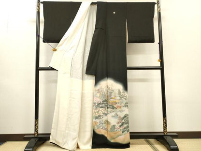 平和屋着物▼日展作家　寺島節朗　黒留袖　手描き　金閣寺　京風景　暈し染　金銀糸　正絹　逸品　DABH7589fe