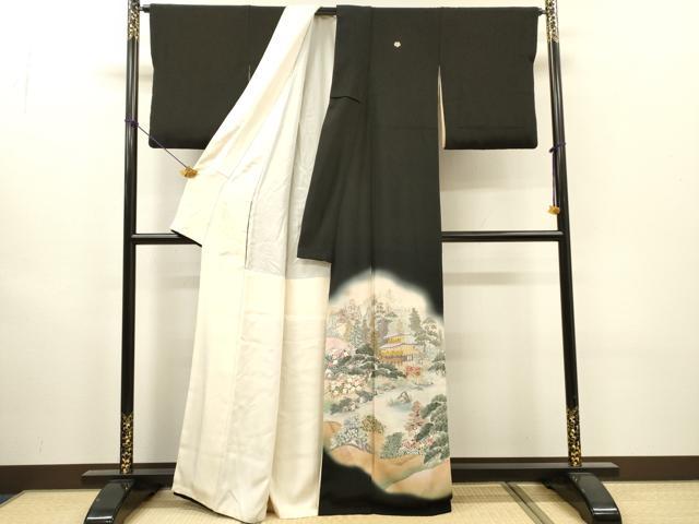 平和屋着物▼日展作家　寺島節朗　黒留袖　手描き　金閣寺　京風景　暈し染　金銀糸　正絹　逸品　DABH7589fe
