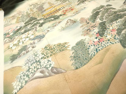 平和屋着物▼日展作家　寺島節朗　黒留袖　手描き　金閣寺　京風景　暈し染　金銀糸　正絹　逸品　DABH7589fe