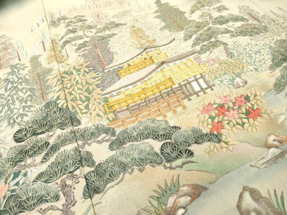 平和屋着物▼日展作家　寺島節朗　黒留袖　手描き　金閣寺　京風景　暈し染　金銀糸　正絹　逸品　DABH7589fe