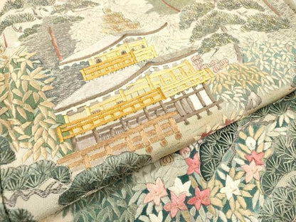平和屋着物▼日展作家　寺島節朗　黒留袖　手描き　金閣寺　京風景　暈し染　金銀糸　正絹　逸品　DABH7589fe