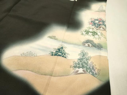 平和屋着物▼日展作家　寺島節朗　黒留袖　手描き　金閣寺　京風景　暈し染　金銀糸　正絹　逸品　DABH7589fe