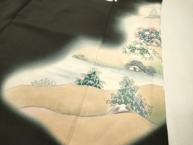 平和屋着物▼日展作家　寺島節朗　黒留袖　手描き　金閣寺　京風景　暈し染　金銀糸　正絹　逸品　DABH7589fe