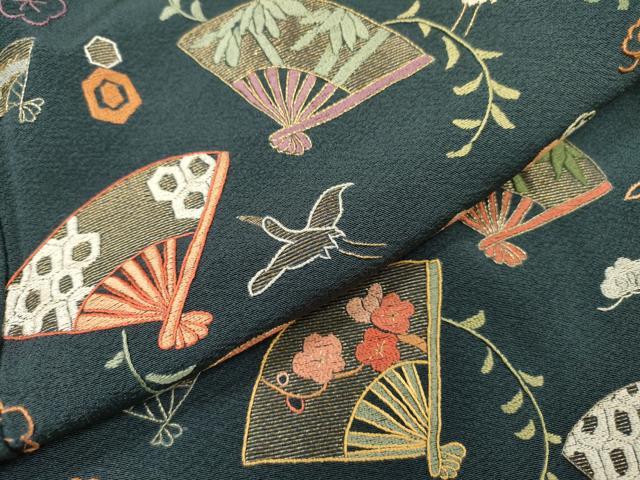 平和屋着物●訪問着　総刺繍　扇面飛鳥花文　金糸　正絹　逸品　DABH7606fe