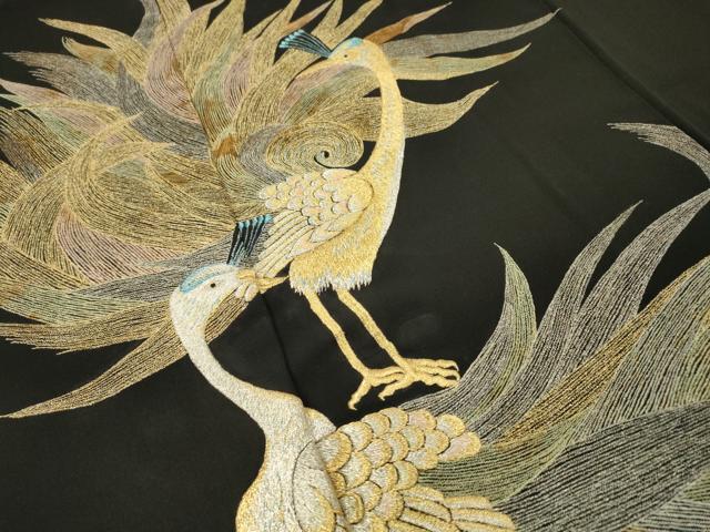 平和屋着物▼豪華黒留袖　総刺繍　孔雀　金銀糸　正絹　逸品　DABH7607fe
