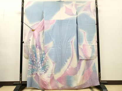 平和屋着物▼フランソワーズ・モレシャン　振袖　孔雀　暈し染　銀彩　正絹　逸品　DABH7614fe