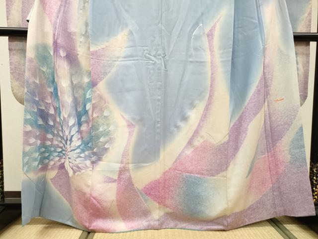 平和屋着物▼フランソワーズ・モレシャン　振袖　孔雀　暈し染　銀彩　正絹　逸品　DABH7614fe