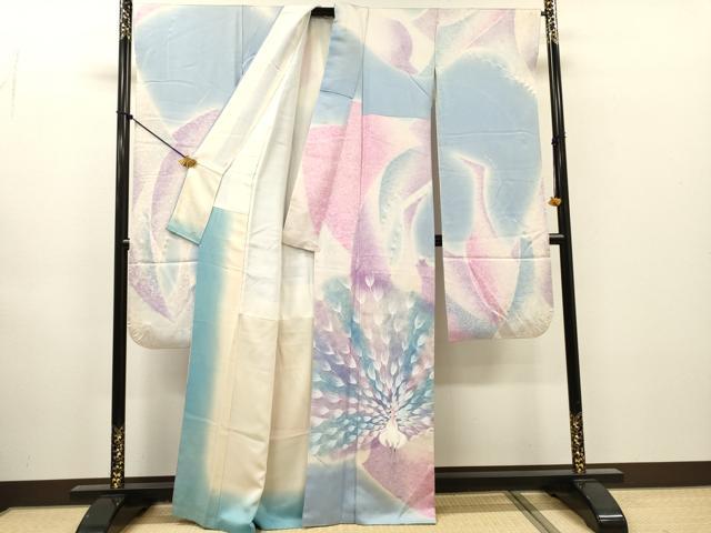 平和屋着物▼フランソワーズ・モレシャン　振袖　孔雀　暈し染　銀彩　正絹　逸品　DABH7614fe