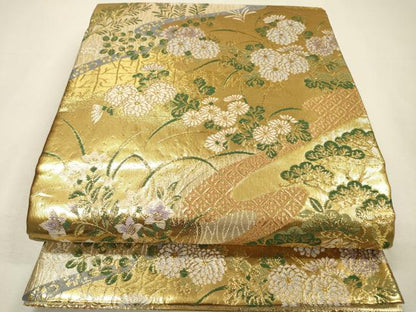 平和屋着物▼佐賀錦　六通柄袋帯　草花松文　金糸　正絹　逸品　DABH7621fe