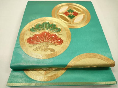 平和屋着物▼丸帯　駒刺繍　総刺繍　七宝松丸文　金糸　正絹　逸品　DABH7623fe