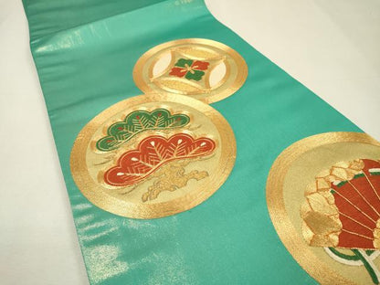 平和屋着物▼丸帯　駒刺繍　総刺繍　七宝松丸文　金糸　正絹　逸品　DABH7623fe