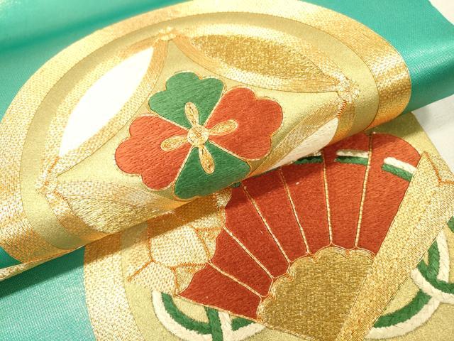 平和屋着物▼丸帯　駒刺繍　総刺繍　七宝松丸文　金糸　正絹　逸品　DABH7623fe