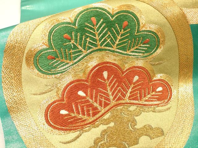 平和屋着物▼丸帯　駒刺繍　総刺繍　七宝松丸文　金糸　正絹　逸品　DABH7623fe