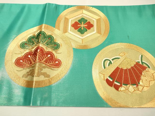 平和屋着物▼丸帯　駒刺繍　総刺繍　七宝松丸文　金糸　正絹　逸品　DABH7623fe