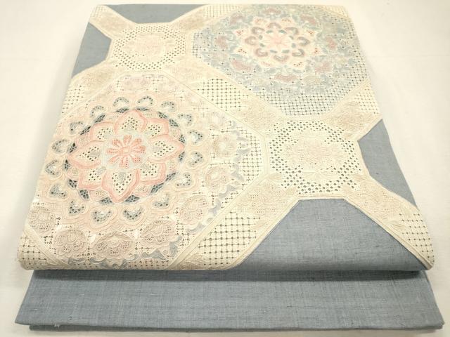 平和屋着物●中国三大刺繍　スワトウ刺繍　汕頭刺繍　相良刺繍　総刺繍　太鼓柄袋帯　紬地　蜀江正倉院花文　正絹　逸品　DABH7633fe