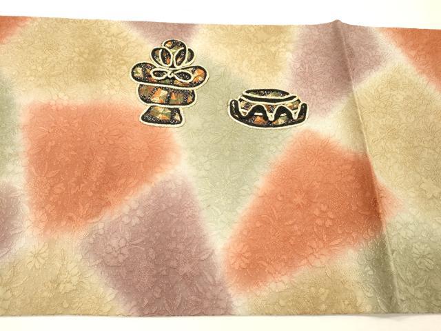 平和屋着物▼両面　太鼓柄京袋帯　総刺繍　陶器花文　金糸　正絹　逸品　DABH7645fe