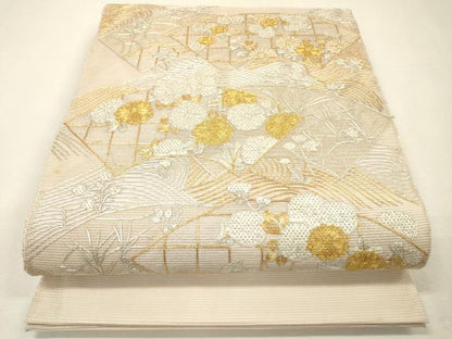 平和屋着物＊夏物　太鼓柄袋帯　絽刺し　区限刺繍　総刺繍　駒刺繍　流水地紙花文　金銀糸　正絹　逸品　DABH7646fe