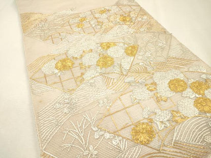 平和屋着物＊夏物　太鼓柄袋帯　絽刺し　区限刺繍　総刺繍　駒刺繍　流水地紙花文　金銀糸　正絹　逸品　DABH7646fe