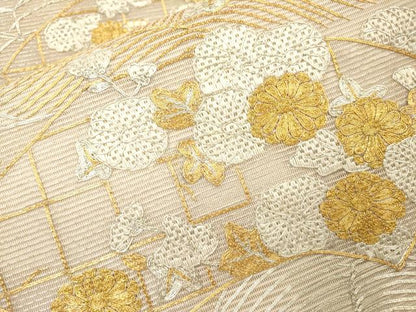 平和屋着物＊夏物　太鼓柄袋帯　絽刺し　区限刺繍　総刺繍　駒刺繍　流水地紙花文　金銀糸　正絹　逸品　DABH7646fe