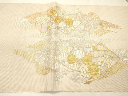 平和屋着物＊夏物　太鼓柄袋帯　絽刺し　区限刺繍　総刺繍　駒刺繍　流水地紙花文　金銀糸　正絹　逸品　DABH7646fe