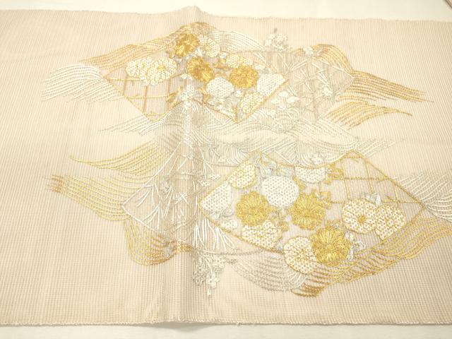 平和屋着物＊夏物　太鼓柄袋帯　絽刺し　区限刺繍　総刺繍　駒刺繍　流水地紙花文　金銀糸　正絹　逸品　DABH7646fe