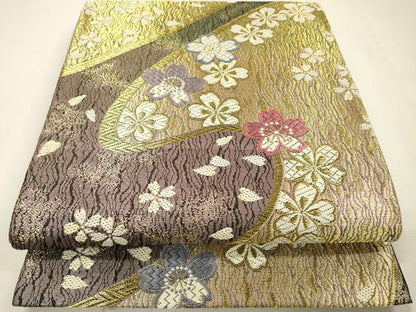 平和屋着物▼六通柄袋帯　流水舞桜　金糸　正絹　逸品　DABH7649fe