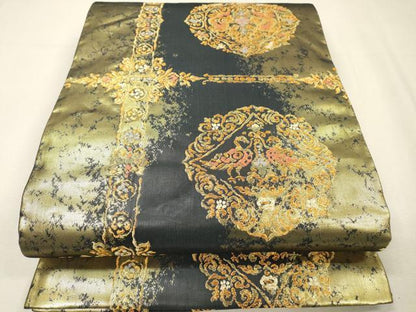 平和屋着物▼六通柄袋帯　向かい鳥花絵皿文　金糸　正絹　逸品　DABH7670fe
