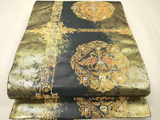 平和屋着物▼六通柄袋帯　向かい鳥花絵皿文　金糸　正絹　逸品　DABH7670fe