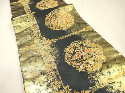 平和屋着物▼六通柄袋帯　向かい鳥花絵皿文　金糸　正絹　逸品　DABH7670fe