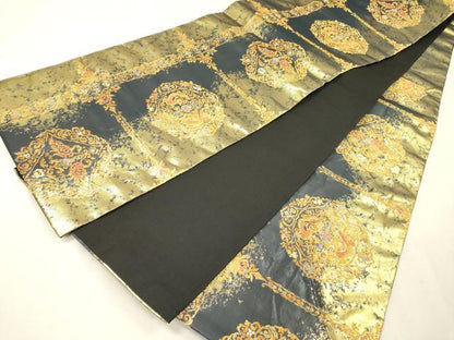 平和屋着物▼六通柄袋帯　向かい鳥花絵皿文　金糸　正絹　逸品　DABH7670fe