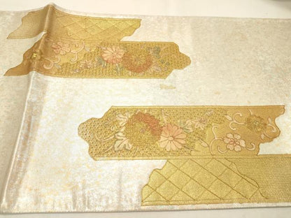 平和屋着物▼両面　中国三大刺繍　スワトウ刺繍　汕頭刺繍　太鼓柄袋帯　螺鈿　駒刺繍　地紙鳳凰花文　金彩　引箔　正絹　逸品　DABH7672fe